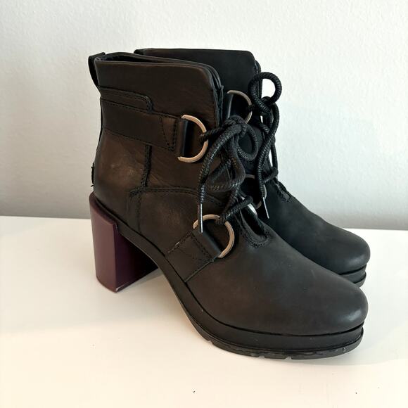 Sorel Margo Ankle Boots Size 7.5 Black Leather Heeled Lace Up Bootie Waterproof - Picture 9 of 9